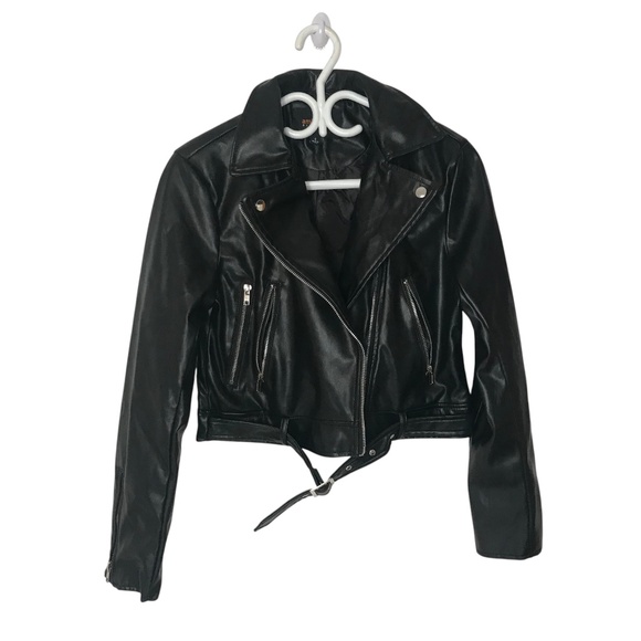 Ambiance Black Faux Leather Moto Jacket | Belted Biker Style - Picture 1 of 11
